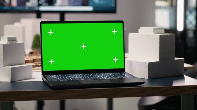 Clean workspace designed for property development with green screen laptop, showcasing empty meeting area with blueprints, 3D models and digital planning tools used for smart city projects.