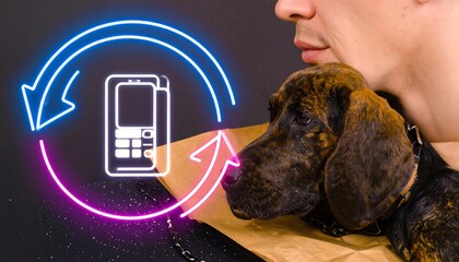 Man cuddling a brindle dog with neon phone recycle, technology concept
