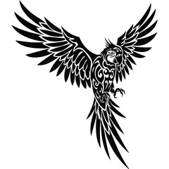 Fototapeta premium A striking black and white illustration of a parrot with wings spread in a dynamic pose and tribal design silhouette