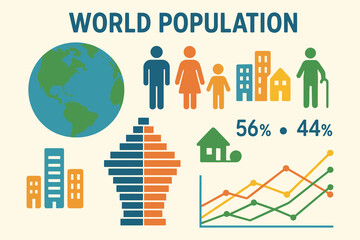 World population growth and demographics infographic with globe and charts
