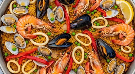 Fototapeta premium Seafood Paella Overhead.
