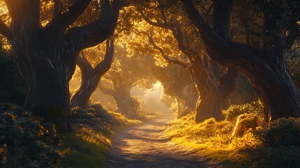 Golden sunlight shining through woodland path high resolution picture
