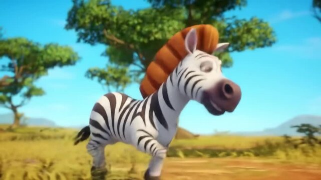 A 3D cartoon zebra with a lion-like mane stands in a savannah landscape with trees and mountains in the background under a bright blue sky.