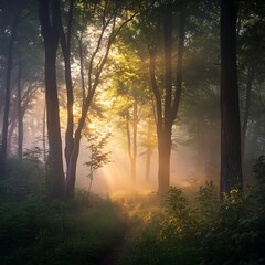 Golden sunlight streaming through misty forest high resolution picture