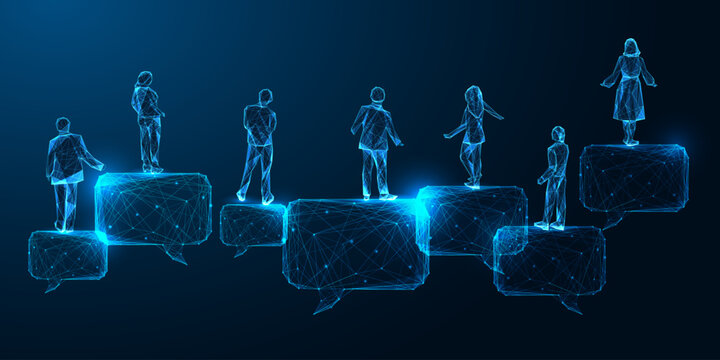 Global digital conversation concept with people standing on low poly speech bubbles, communication vector
