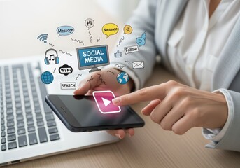 Hands tapping smartphone with social network icons