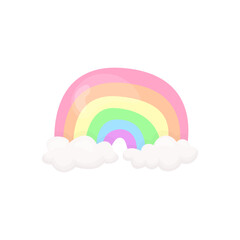 A cheerful cartoon-style rainbow with six vibrant color bands and two fluffy white clouds, framed with a soft blue border. Designed in a clean, playful style, perfect for children's printable
