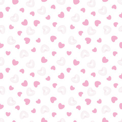 Seamless pattern with pink hearts on a white background. Designed in a clean, flat style without outlines. Perfect for romantic designs, gift wrap, printables, and children's decor.