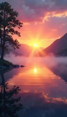Serene sunrise over a tranquil lake, mist rising, reflecting peaceful light  Perfect for meditation, yoga, mindfulness, and spiritual themes ,  lake,  zen