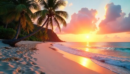 Idyllic tropical beach scene at sunset, featuring vibrant colors, soft sand, and gentle waves lapping the shore Perfect for travel, vacation, and summer themes , landscape, holiday