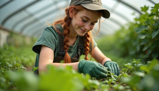 Young female apprentice works in organic nursery grafting plants. Gaining skills in sustainable agriculture, cultivates seedlings with care. Focus on education, growth, eco-friendly farming practices.