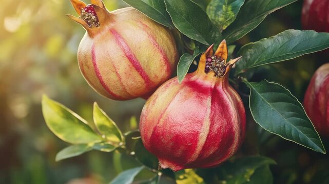 Bunch of pomegranates on a bush with green leaves and brown stems.