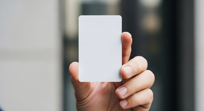 Close-up of a hand presenting a pristine, blank white card, ready for personalization or identification purposes, signifying new opportunities or secure access - Powered by Adobe