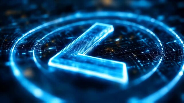 Futuristic glowing blue logo on a digital circuit background with abstract technology elements