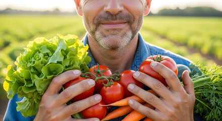 Close-up of smiling farmer with closed lips holding fresh vegetables, blurred background of plantation