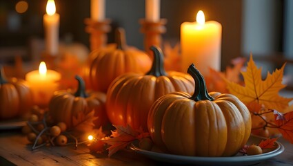 Plate with pumpkins and candles placed on a decorated table surface creating a seasonal autumn festive atmosphere suitable for thanksgiving celebration and harvest mood