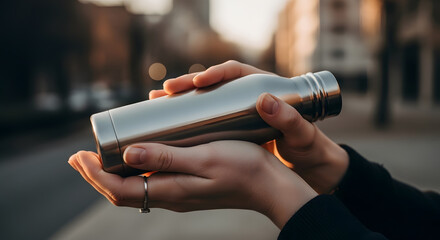 Close-up of female hands holding reusable bottle, soft natural light, urban blurred background
