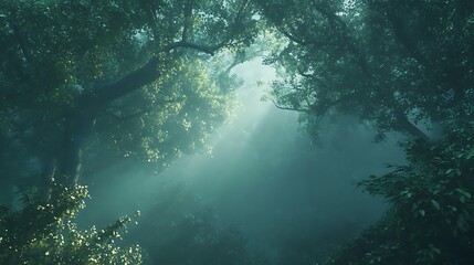 Green jungle foliage under morning sunbeams high resolution picture