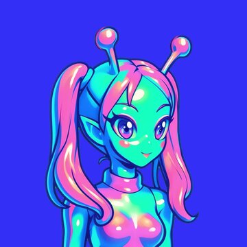 Colorful alien anime character portrait animation isolated asset, transparent 4K video, alpha channel, ProRes 4444