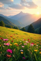 Serene ranch meadow at golden hour, wildflowers blooming, distant mountains in soft light  Perfect for pastoral, rural, or nature themes ,  grass,  rural