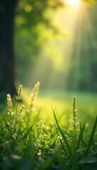 Serene Landscape Soft Light Bathes Swaying Grasses and Blurred Foliage, Peaceful and Relaxing Background