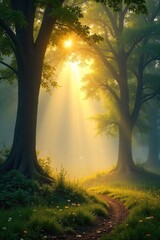 Golden Sunlight Bathes Serene Ancient Forest, Ethereal Mist, Peaceful Landscape Perfect for Meditation, Yoga, Mindfulness, Spiritual Themes, Nature Photography