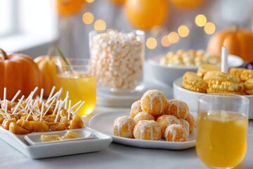Halloween party table features sweet donuts, caramel apples, popcorn, juice drinks; bokeh background