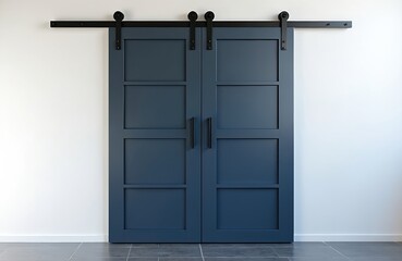 Navy blue aluminum sliding doors feature horizontal line design adding modern style to classic spaces. Barn door hardware with black metal track. Architectural element for entrances, apartments,