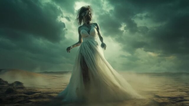 Zombie bride in a white dress stands in a desolate landscape under a stormy sky with glowing eyes halloween zombie video