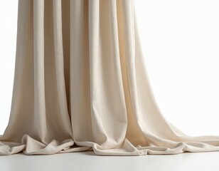 Light beige linen fabric with natural texture, isolated on white background. Soft, clean material hangs in elegant folds, ideal for home decor, curtains, or upholstery projects. Natural textile.