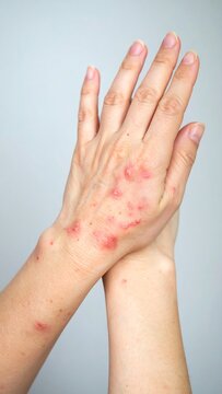 Close-up of hands with widespread red, bumpy skin rash