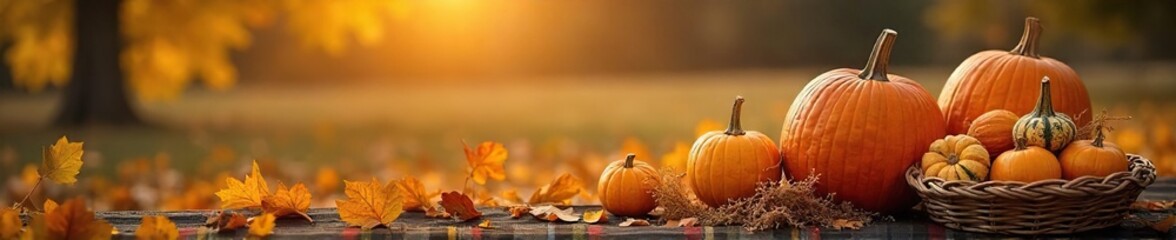 Golden hour sunlight bathes a bountiful autumn harvest, pumpkins, gourds, and corn stalks overflowing from woven baskets  A rustic autumnal scene perfect for fall themes ,  field,  halloween