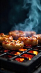Close-up of sizzling food on a hot metal grill grate, smoky ambiance, delicious grilling scene , burger, food, grid