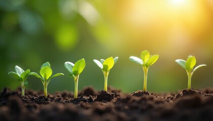 Tiny green seedlings emerge from dark soil under warm sunlight, symbolizing growth, new beginnings. This visual represents learning from failures, resilience, journey toward success, achievement.