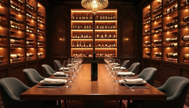Elegant wine tasting room features large wooden table set with plates, glasses, central wine bottle. Walls lined with illuminated shelves showcase extensive collection of wine bottles. Luxurious