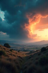 Dramatic stormy sky over a vast, rolling landscape Perfect for illustrating weather extremes, environmental themes, or apocalyptic scenes Ideal for film, game, and design projects , wide shot, black