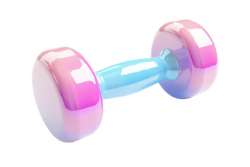 Sparkling pink blue and purple dumbbell isolated on transparent background. Glossy dumbbell with a pastel shine featuring gradient colors in blue pink and purple isolated on white background.