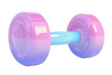 Sparkling pink blue and purple dumbbell isolated on transparent background. Glossy dumbbell with a pastel shine featuring gradient colors in blue pink and purple isolated on white background.