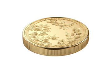 Ornate antique gold coin isolated on transparent background. Gold coin money isolated on white background, 3d rendering.