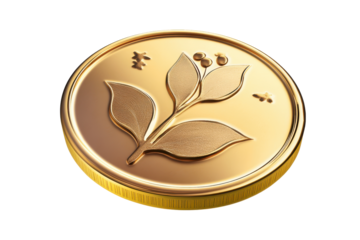 Golden coin with rose engraving isolated on transparent background. Gold coin money isolated on white background, 3d rendering.