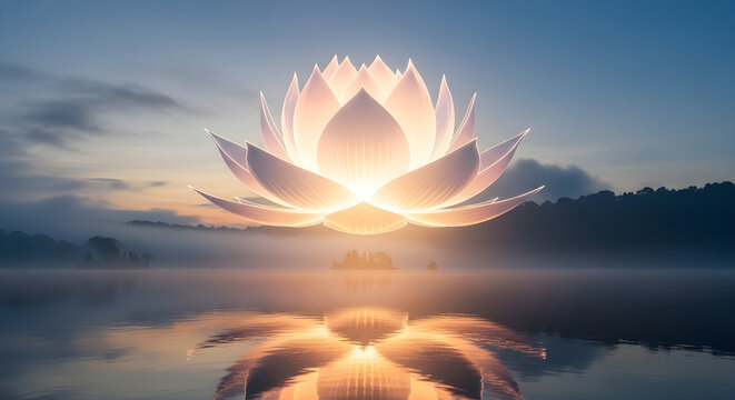 Find inner peace with this serene lotus flower reflecting in tranquil water at sunrise, a calming zen moment