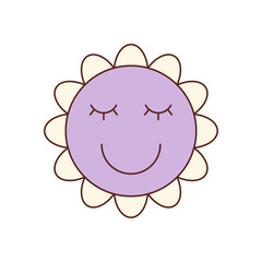 Groovy retro purple flower with happy face in cartoon icon style. Cute daisy smile as a playful y2k and vintage element, this groovy icon brings fun and positive aesthetic for trendy sticker or