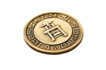 Golden chinese coin with traditional symbols isolated on transparent background. Gold chinese coin isolated on white background.