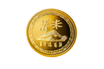 Golden chinese coin with traditional symbols isolated on transparent background. Gold chinese coin isolated on white background.