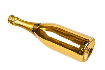 Shiny golden champagne bottle standing upright isolated on transparent background. Gold champagne bottle with elegant design isolated on white background.