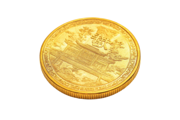 Golden chinese coin with traditional symbols isolated on transparent background. Gold chinese coin isolated on white background.