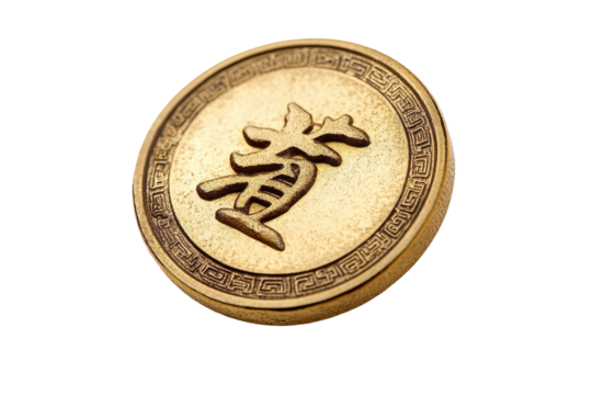Gold chinese coin with fu character isolated on transparent background. Gold chinese coin isolated on white background. - Powered by Adobe