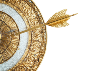 Golden arrow hitting the bullseye of a decorative target isolated on transparent background. Gold up arrow success isolated on white background, 3d rendering.