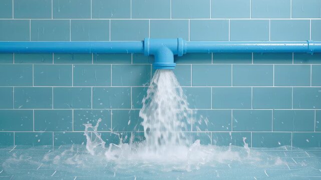 Water dramatically gushes from a bright blue pipe attached to a blue tiled wall, splashing on the wet floor.