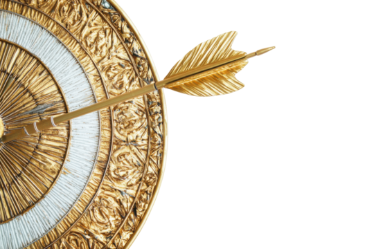 Golden arrow hitting the bullseye of a decorative target isolated on transparent background. Gold up arrow success isolated on white background, 3d rendering.